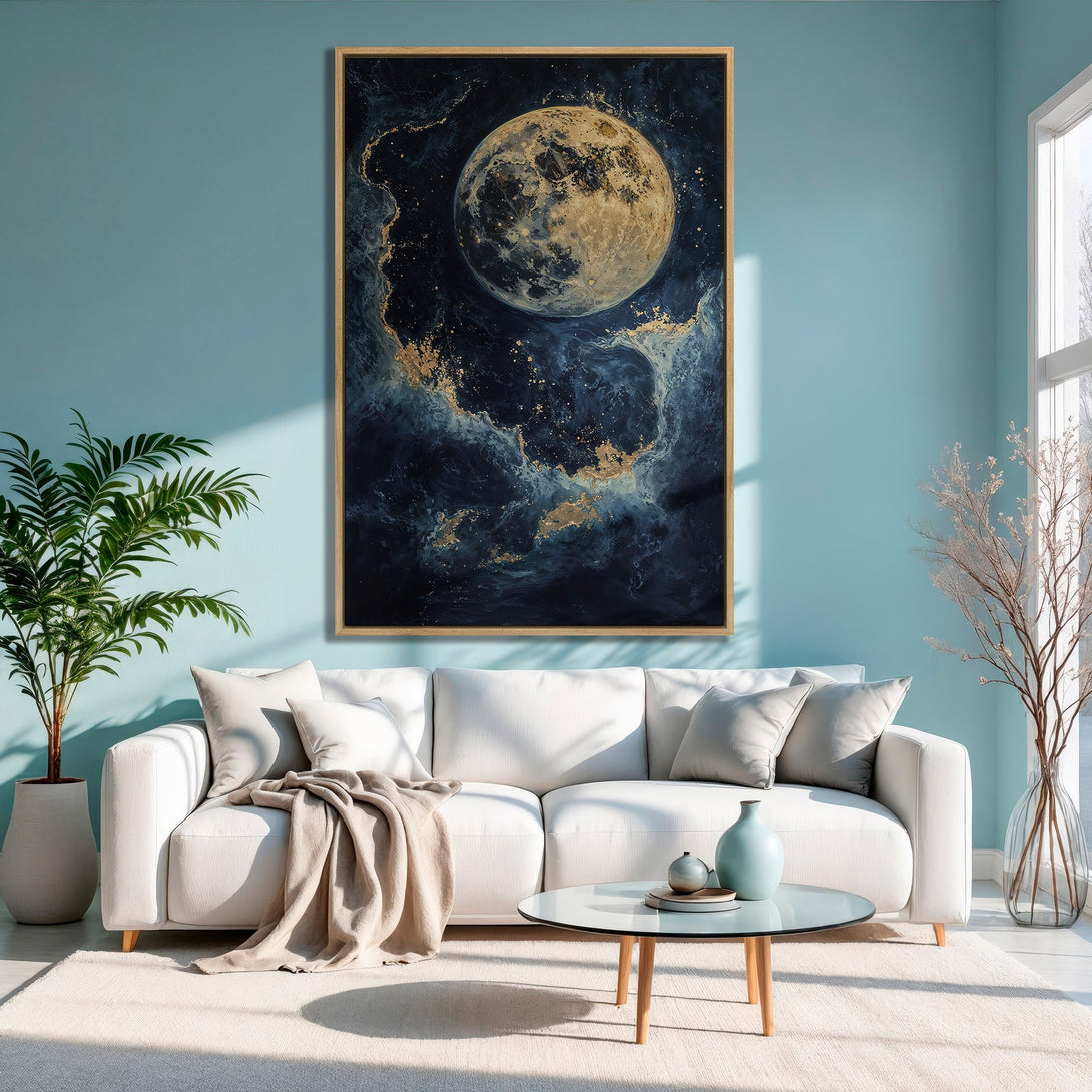 Framed Wall Art featuring a celestial moon design in blue and gold tones. Modern canvas print perfect for living room decor.