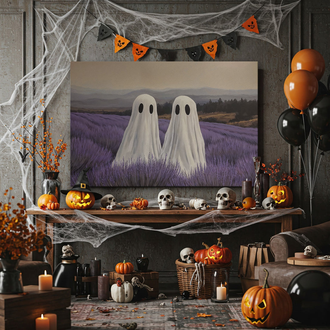 Framed Wall Art: Spooky ghost painting in a lavender field. Perfect Halloween decor with a whimsical, artistic style. Features purple, white, and gold color palette.