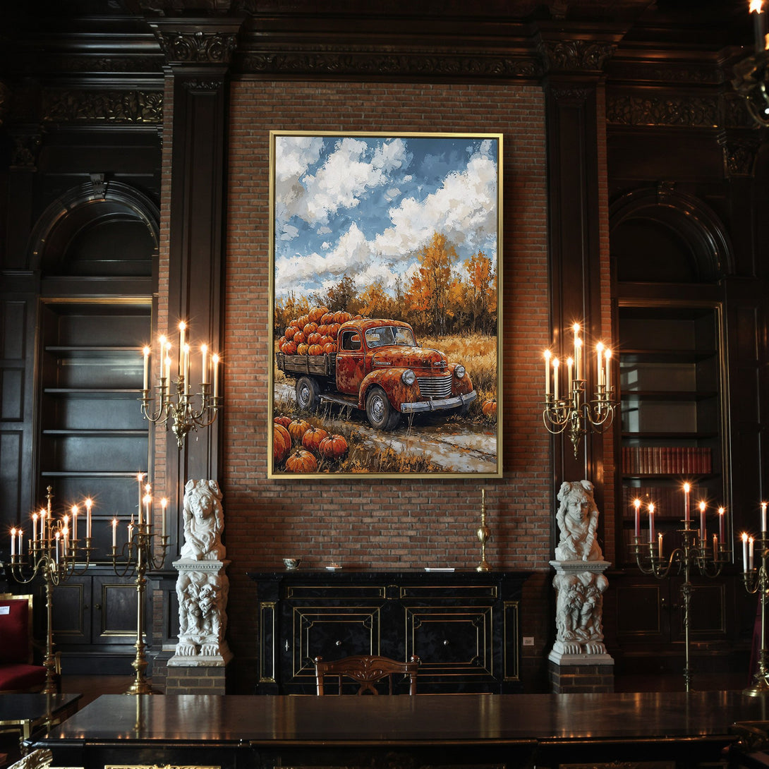 Canvas Print: Vintage truck loaded with pumpkins, autumn landscape. Warm orange, blue, and brown color palette. Perfect fall decor!