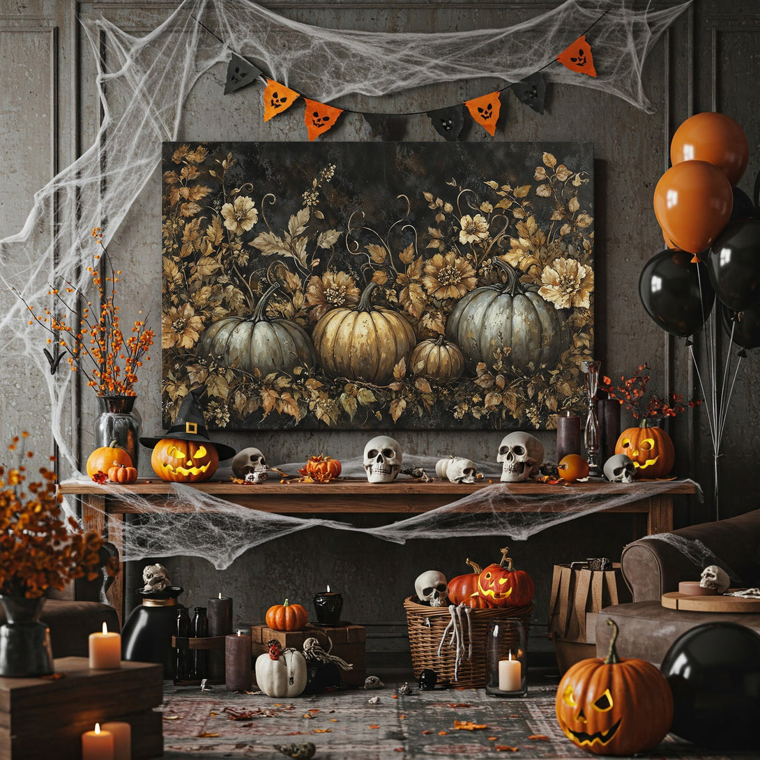 Framed Wall Art: Spooky Halloween pumpkins with floral accents in a moody, vintage style. Earthy gold and black color palette. Perfect fall decor!