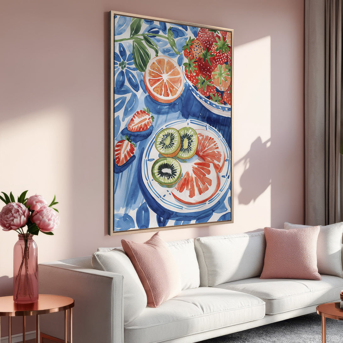 Framed Wall Art: Watercolor fruit still life in blue, red, and orange. Perfect for adding a pop of color to your living room decor!