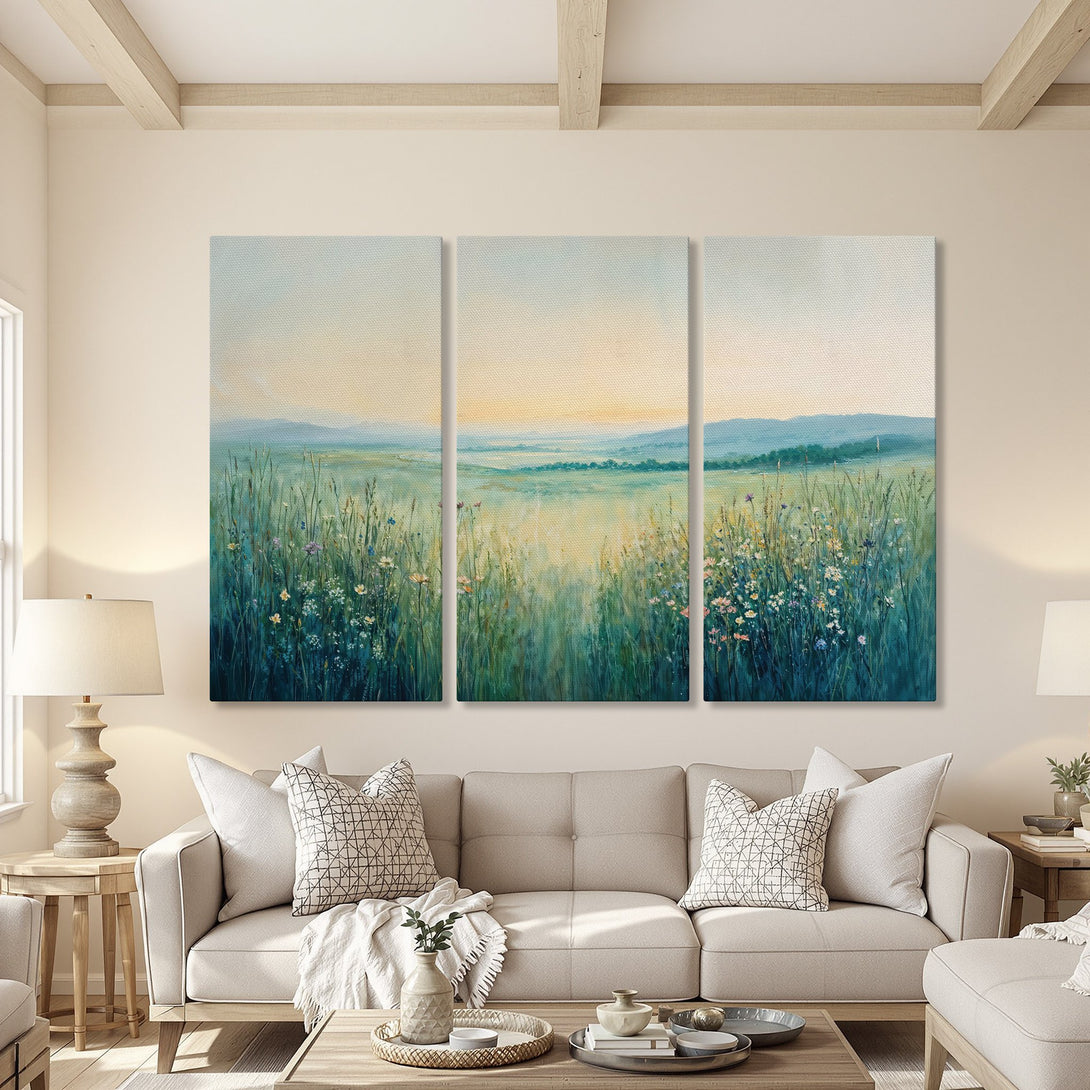 Canvas Print of a serene landscape painting in a modern living room. Features a calming green, blue, and yellow color palette. Perfect wall art!