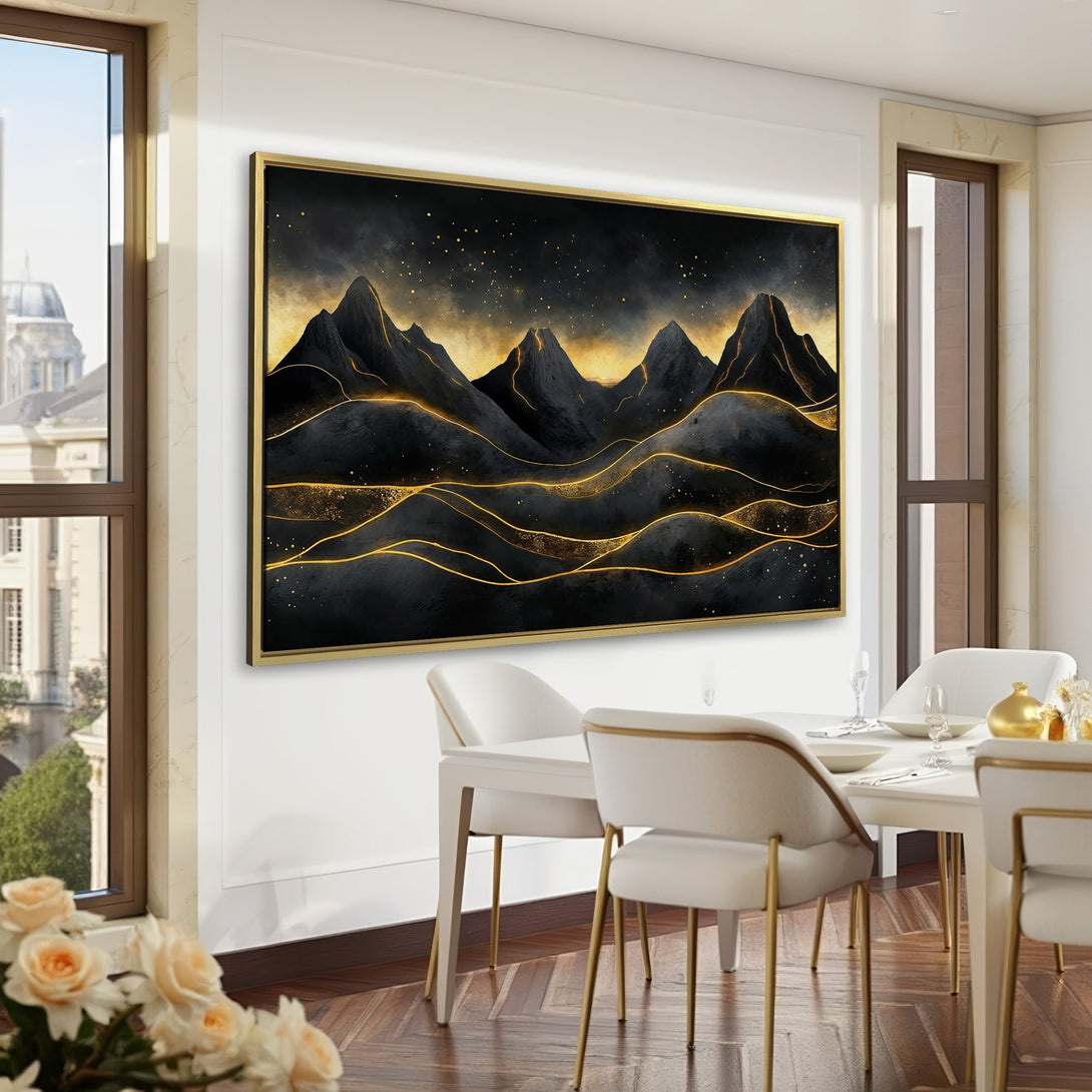 Canvas Print of a black and gold mountain landscape art piece, perfect for adding a touch of elegance to any room. Features a dark, moody color palette.
