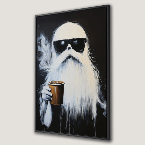 Framed Wall Art: Cool bearded figure in sunglasses, holding a coffee cup. Modern black and white art with a pop of brown. Perfect for adding personality.