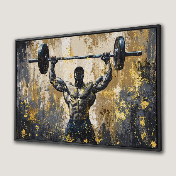 Framed Wall Art: Abstract painting of a weightlifter in black, gold, and gray. Modern art Canvas Print for home gym or motivational decor.