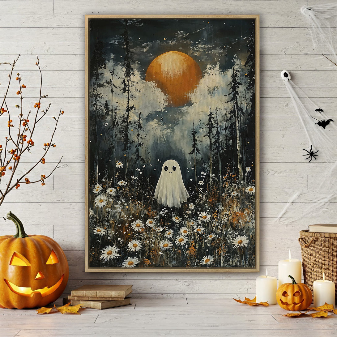 Framed Wall Art featuring a whimsical ghost in a forest with a warm, autumnal color palette. Perfect Halloween decor!