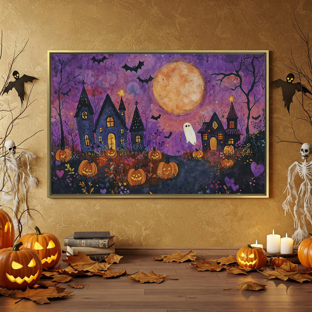 Halloween Canvas Print featuring a spooky castle scene in purple and orange hues. Perfect for adding a festive touch to your home decor.