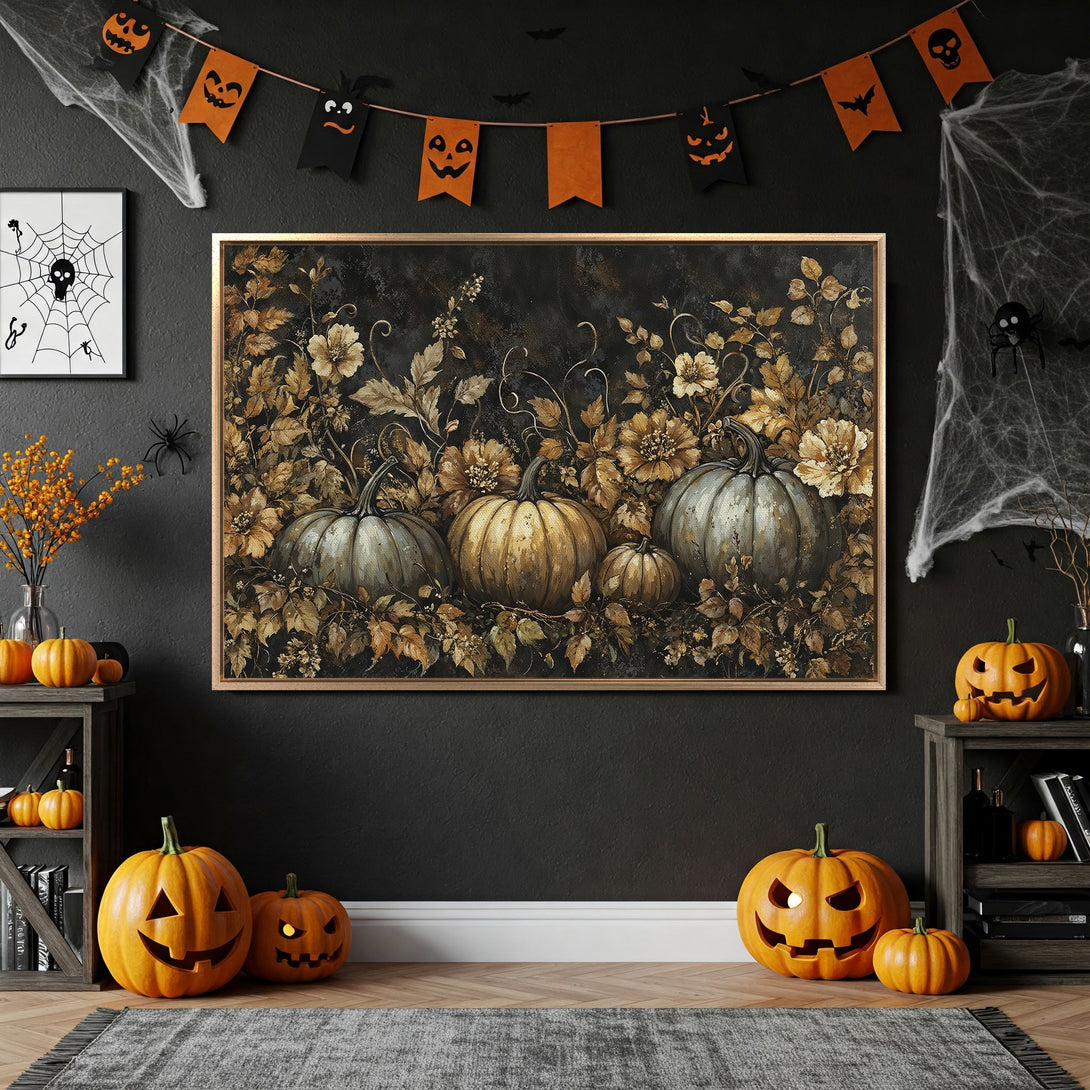 Framed Wall Art featuring pumpkins & floral design in a moody, autumnal color palette. Perfect Halloween decor! Shop Canvas Prints for your home.