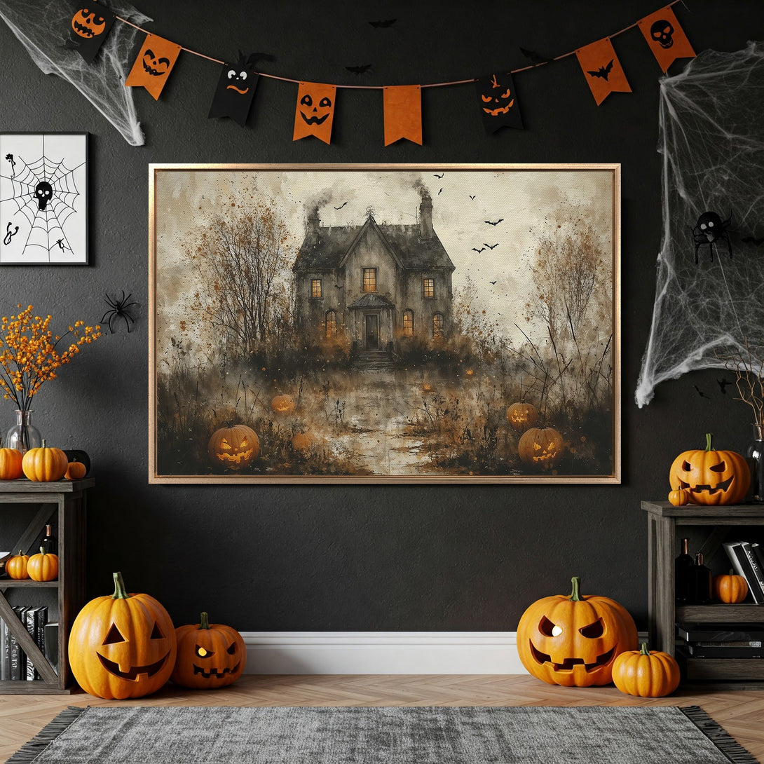 Framed Wall Art: Spooky Halloween scene with haunted house, pumpkins, and a warm, autumnal color palette. Perfect for seasonal decor.