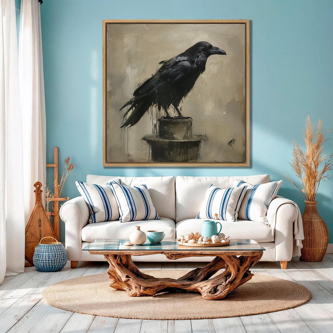 Framed Wall Art: Dramatic black raven painting in a neutral palette. Coastal living room decor with teal walls and white sofa. Add art to your space!