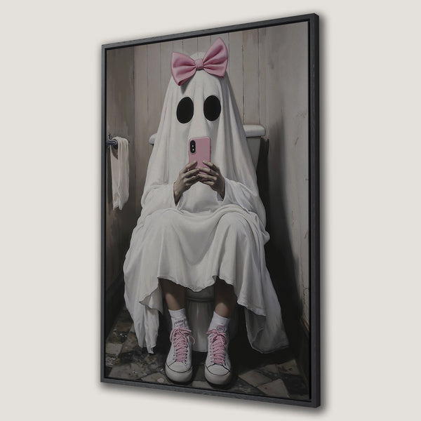 Framed Wall Art: Whimsical ghost selfie in a bathroom. Pastel pink bow & phone pop against a grayscale palette. Unique & quirky art for your home.