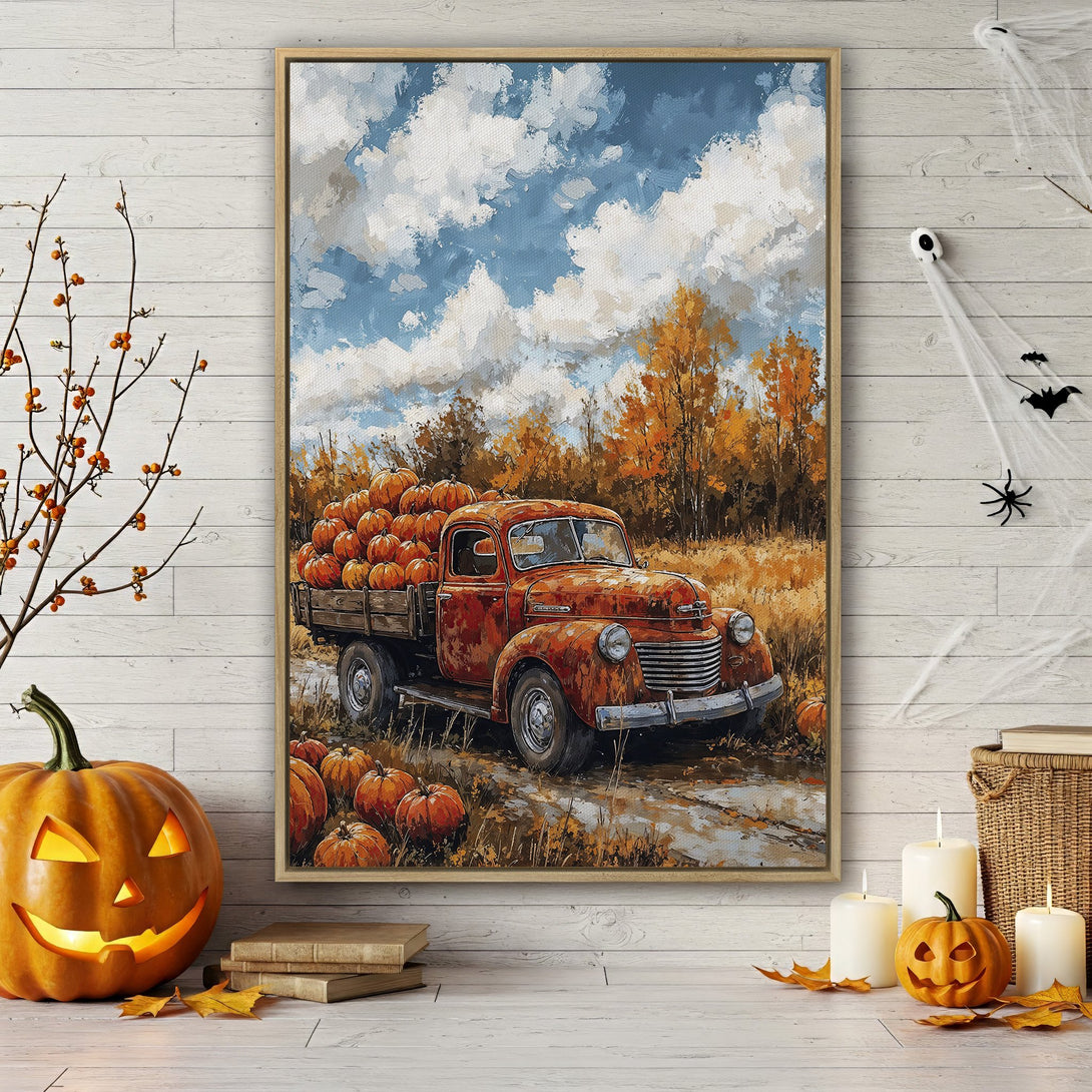 Framed Wall Art Canvas Print of a vintage truck filled with pumpkins, in an impressionistic style, featuring a warm autumn color palette.