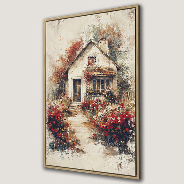 Framed Wall Art Canvas Print of a charming cottage with vibrant red flowers, painted in a watercolor style. Warm, inviting color palette.