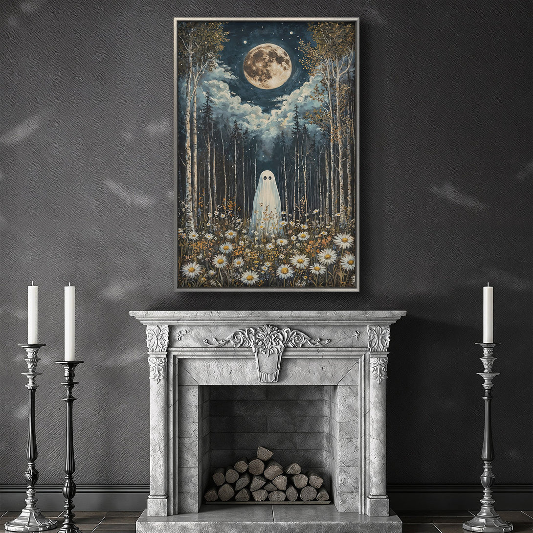 Framed Wall Art: Spooky ghost in moonlit forest scene, a whimsical canvas print with a blue, white, and brown color palette. Perfect for Halloween decor!