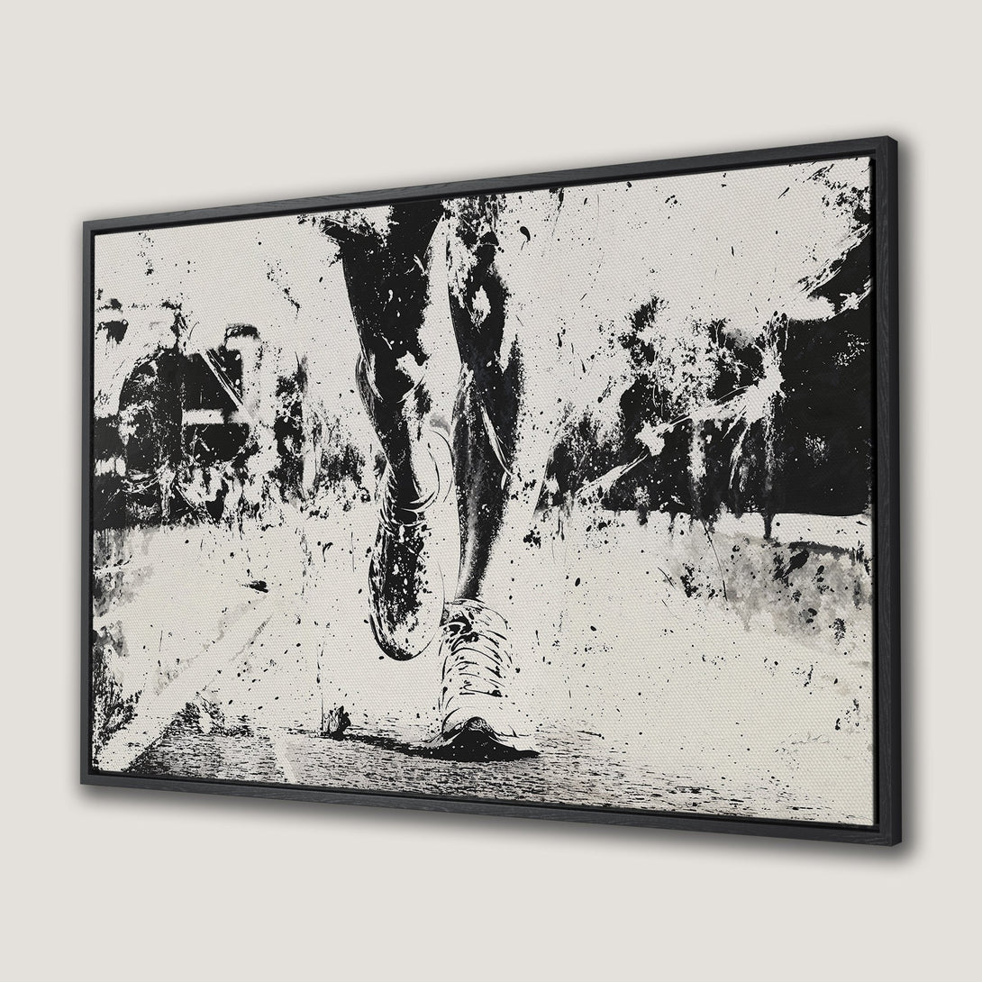 Framed Wall Art: Abstract black and white running legs canvas print. Modern, minimalist art for your home decor.