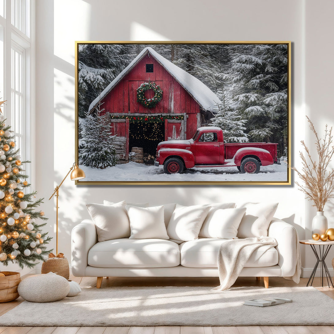 Canvas Print of a red truck and barn in a snowy winter scene. Rustic style, warm neutral and red color palette, perfect for holiday decor.