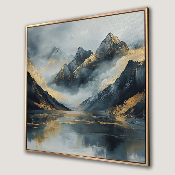 Framed Wall Art: Mountain landscape Canvas Print in muted blues, grays & gold. Bring nature's beauty into your home!