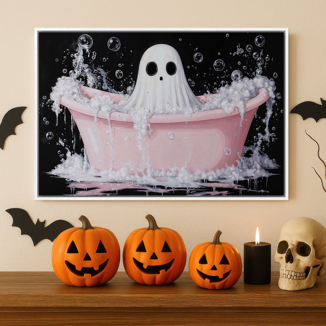 Framed Wall Art: Whimsical ghost in a pink bathtub, black background. Halloween decor with orange pumpkins, a skull, and candle. Fun, spooky art.