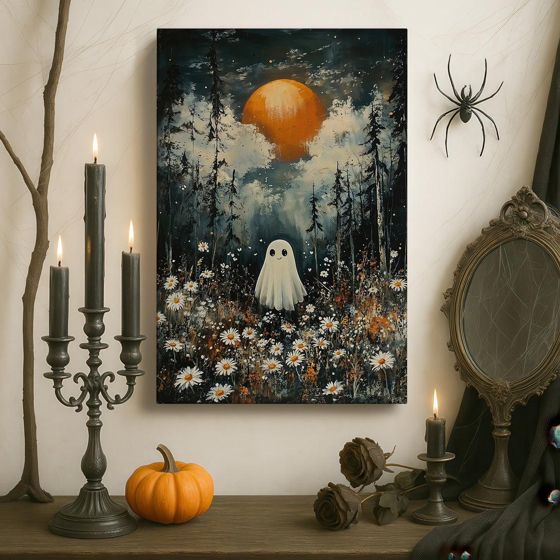 Framed Wall Art featuring a whimsical ghost in a forest scene with a warm color palette. Perfect for adding a touch of spooky charm to any room.