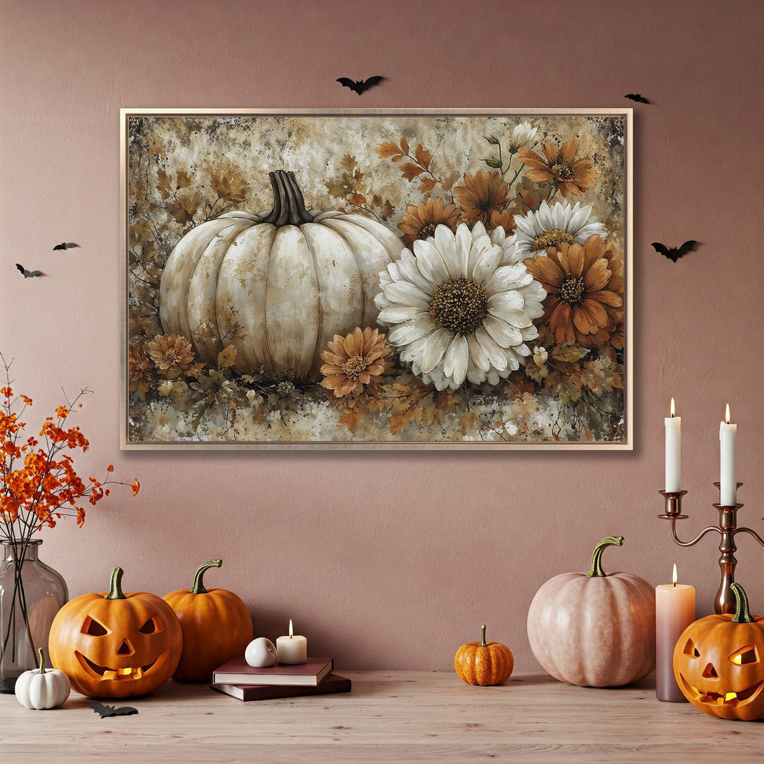 Framed Wall Art: Pumpkin & floral canvas print in warm autumn tones. Perfect fall decor for your home!