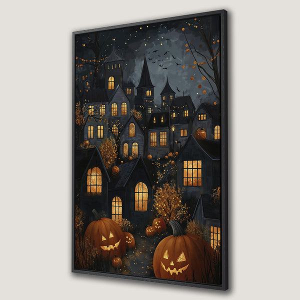 Framed Wall Art: Spooky Halloween town scene with glowing jack-o'-lanterns, dark blue and orange palette. Perfect for seasonal decor.