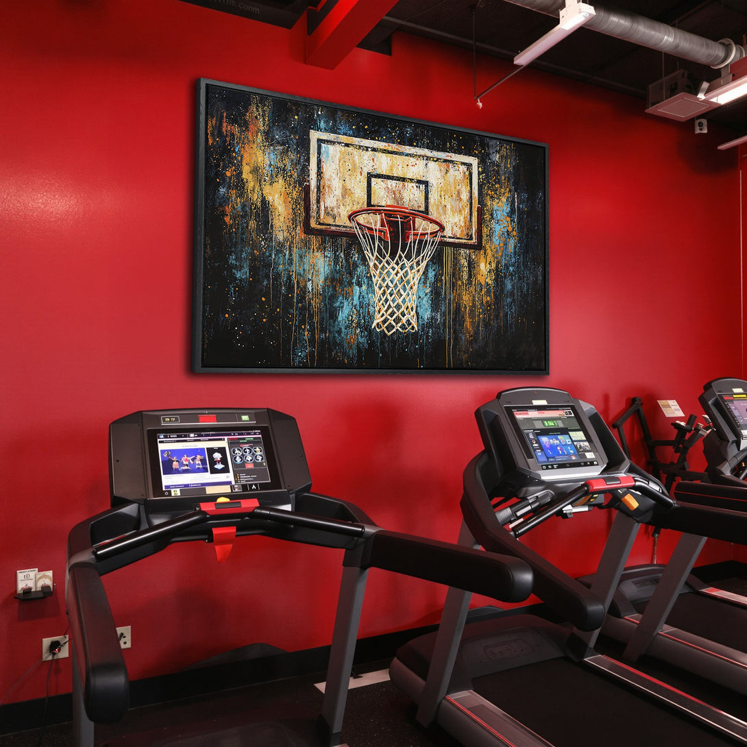 Framed Wall Art: Abstract basketball hoop art in a gym setting. Bold black frame with a vibrant mix of teal, gold, and black colors. Elevate your space!