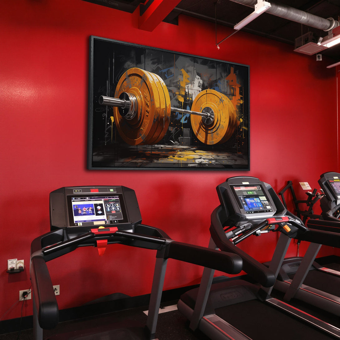Framed Wall Art: Abstract barbell art in a gym setting. Bold yellow and black color palette adds a motivational touch. Elevate your space with this stylish Canvas Print.