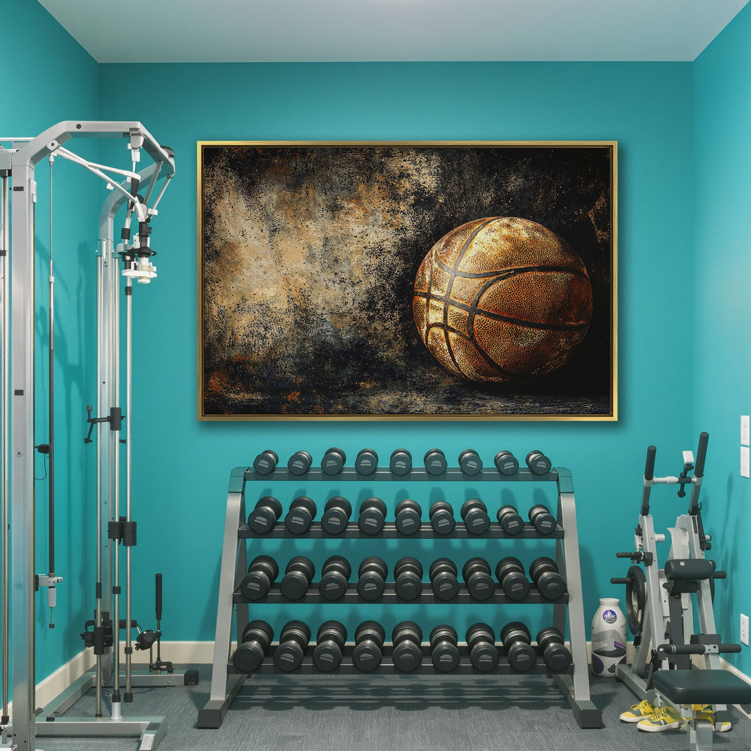 Canvas Print of a vintage basketball, rustic style with a warm, earthy color palette. Perfect wall art for sports enthusiasts!