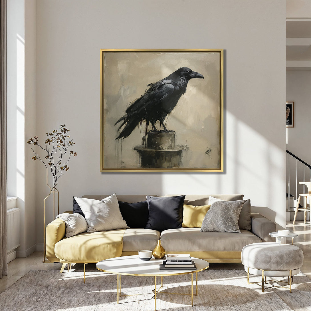 Canvas Print of a dramatic black raven painting in a modern interior. Moody art with a neutral and teal color palette.