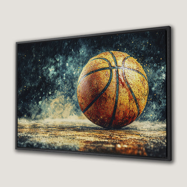 Framed Wall Art: Artistic basketball print in a moody style with a warm, golden color palette. Perfect for sports fans!