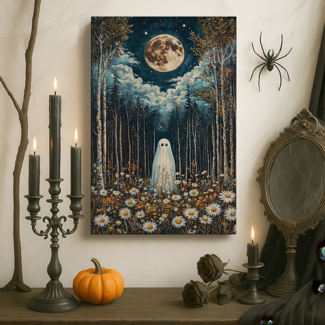 Framed Wall Art featuring a whimsical ghost in a moonlit forest scene. Moody blue and gold color palette. Perfect for adding a touch of magic to your space.