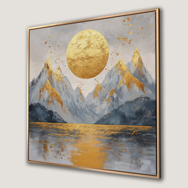 Framed Wall Art: Abstract mountain landscape with gold accents. Modern canvas print with a gray, gold, and blue color palette. Elevate your space with this art piece.