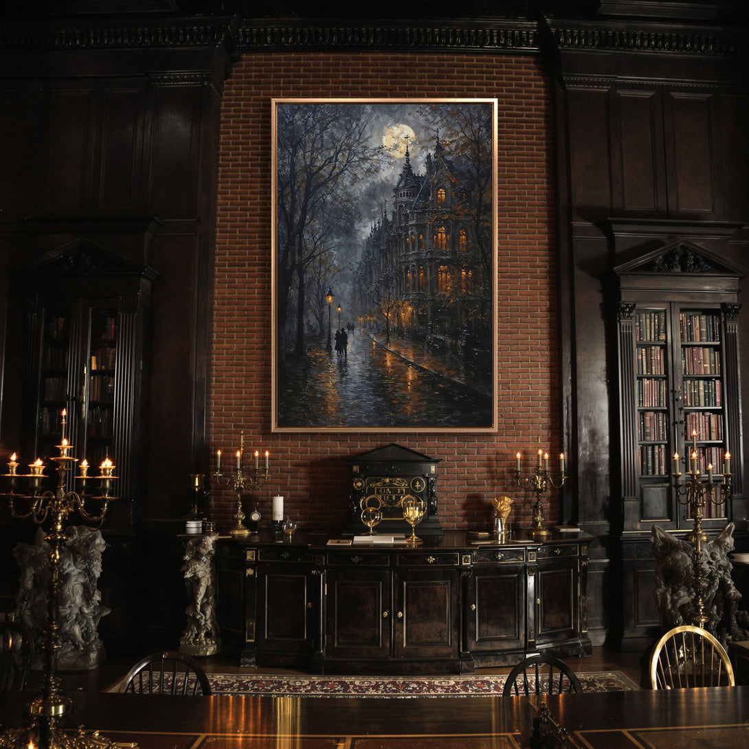 Framed Wall Art: Romantic cityscape Canvas Print in moody blues & golds. Evokes a classic, atmospheric feel. Perfect for adding elegance to your space.