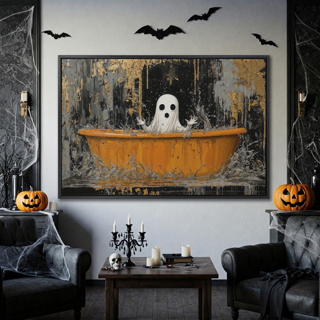 Framed Wall Art: Spooky ghost in a bathtub, abstract style, black, gold, and orange color palette, perfect for Halloween decor.