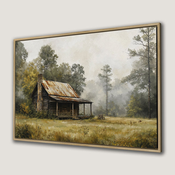 Canvas Print of a rustic cabin in a forest, with a warm, earthy color palette. Perfect for adding a touch of nature to your decor.