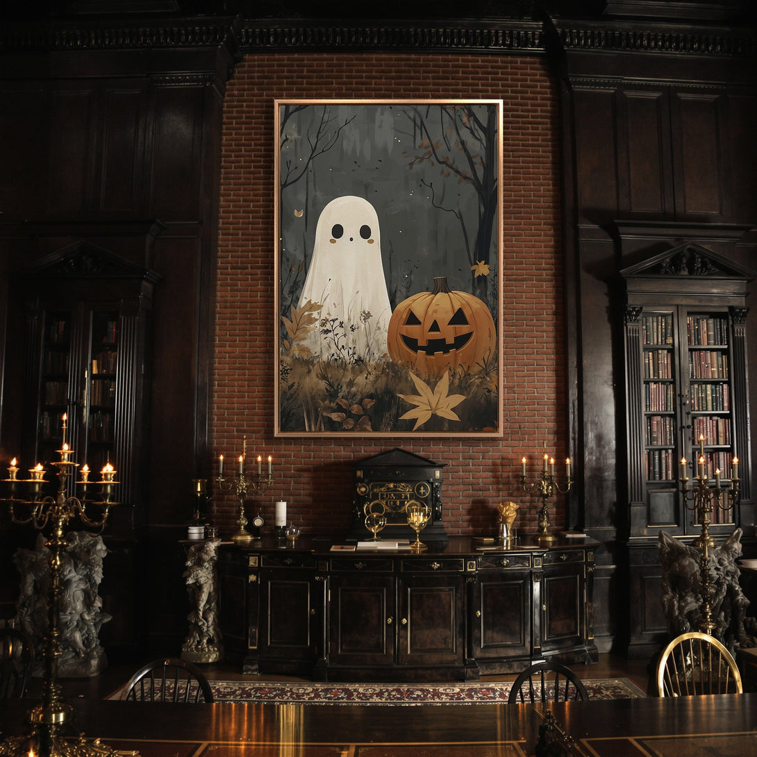 Framed Wall Art featuring a whimsical ghost and jack-o'-lantern in a spooky forest scene. Autumnal color palette, perfect for Halloween decor.