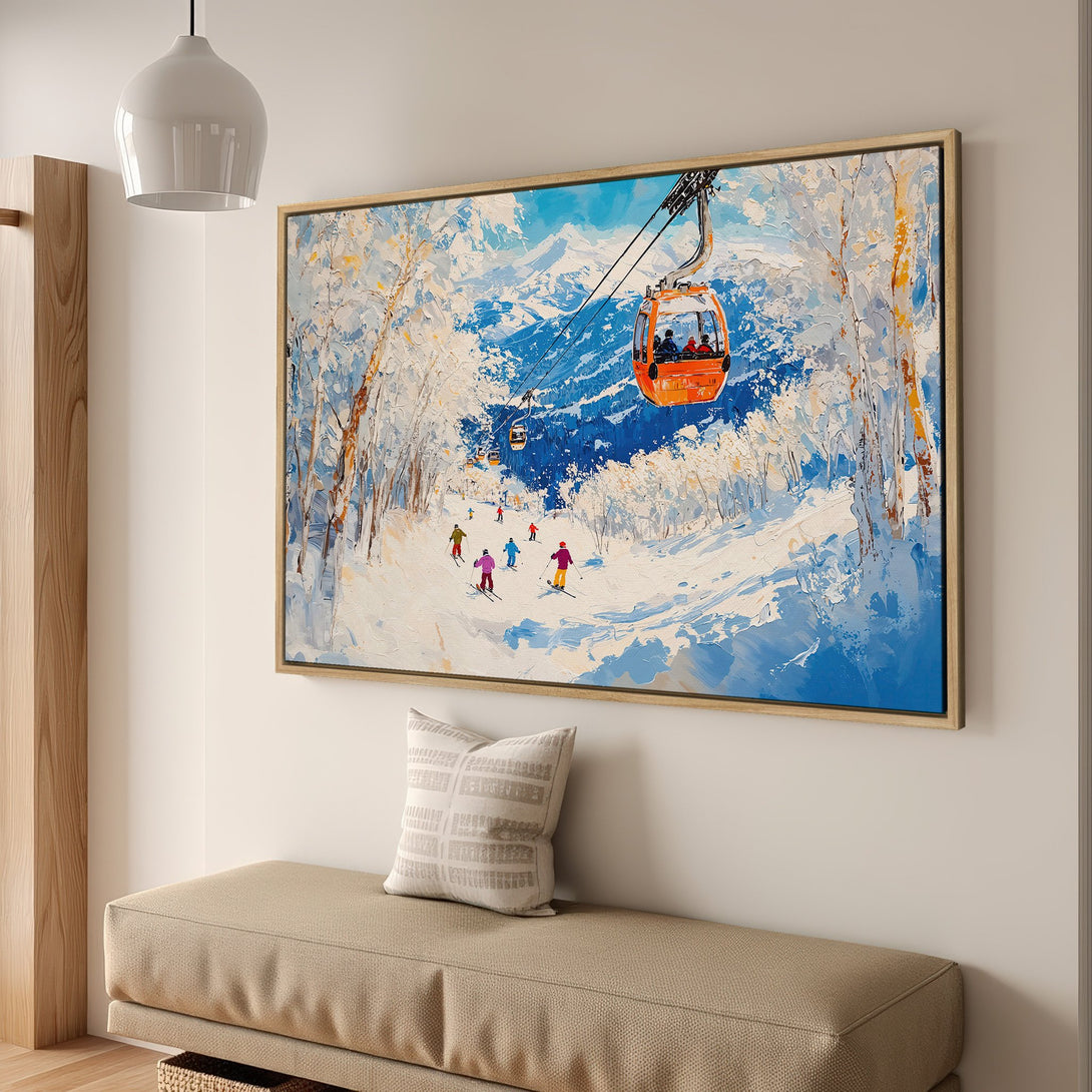 Framed Wall Art: Winter ski scene Canvas Print in blue & white with orange accents, a vibrant impressionist style perfect for your home decor.