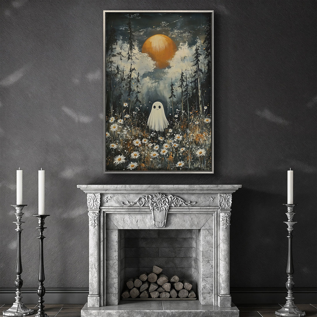 Framed Wall Art featuring a whimsical ghost in a forest with an orange sun. Moody, artistic style with a cool, muted color palette. Perfect for Halloween decor.