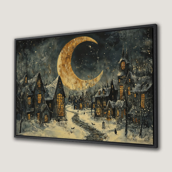 Framed Wall Art: Winter village scene with a golden moon. Moody painting style with dark blues, golds, and whites. Perfect for adding a cozy, magical touch.