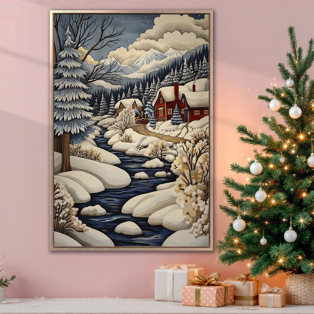 Framed Wall Art: Winter landscape canvas print in a cozy interior. Features snowy scene with red cabins, cool blue & white tones, perfect for holiday decor.