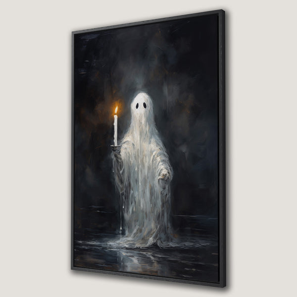 Framed Wall Art of a ghostly figure holding a candle in a dark, moody scene. Oil painting style with a cool, dark color palette. Perfect Halloween decor.