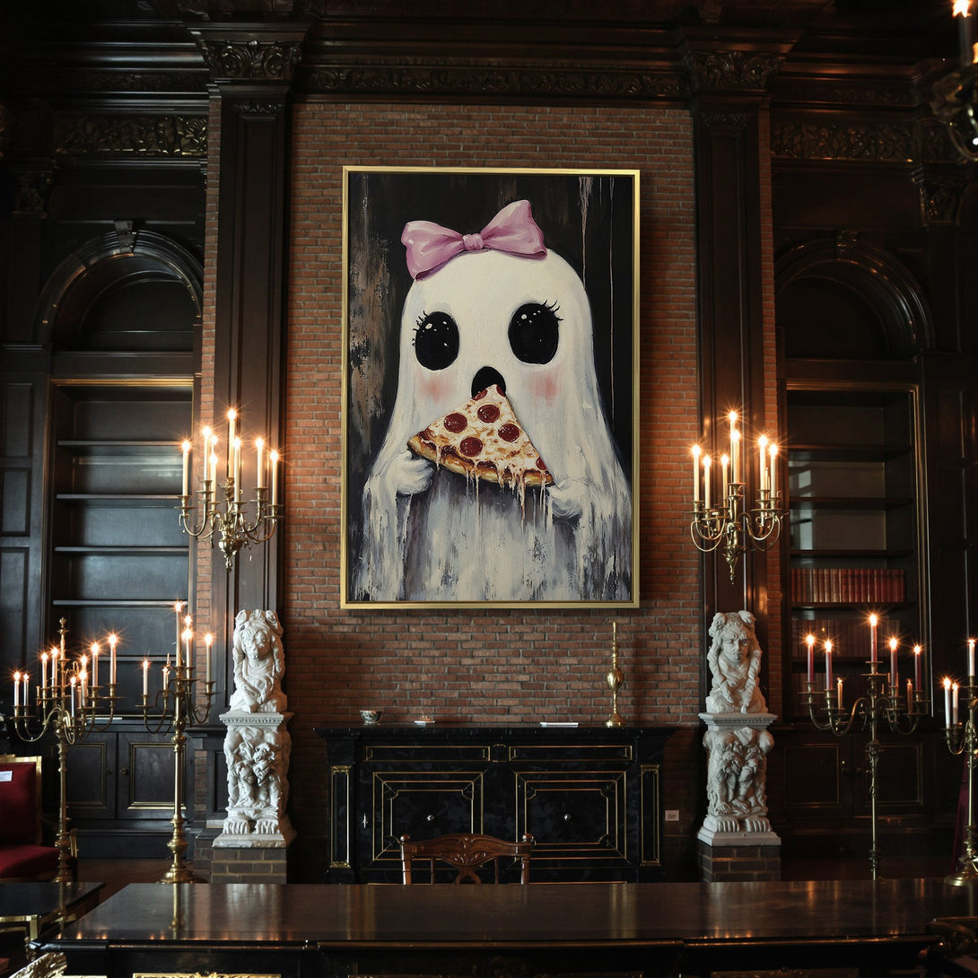 Canvas Print featuring a cute ghost eating pizza, whimsical style, with a black, white, and pink color palette. Perfect Halloween wall art!
