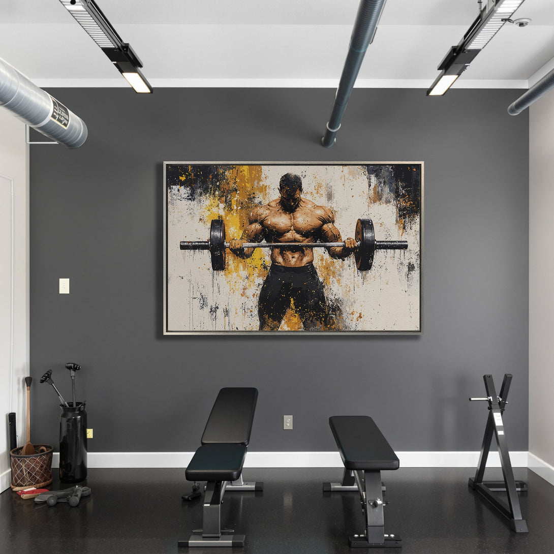 Framed Wall Art featuring a muscular weightlifter in an abstract style. Earthy tones of brown, black, and gold create a powerful statement piece.