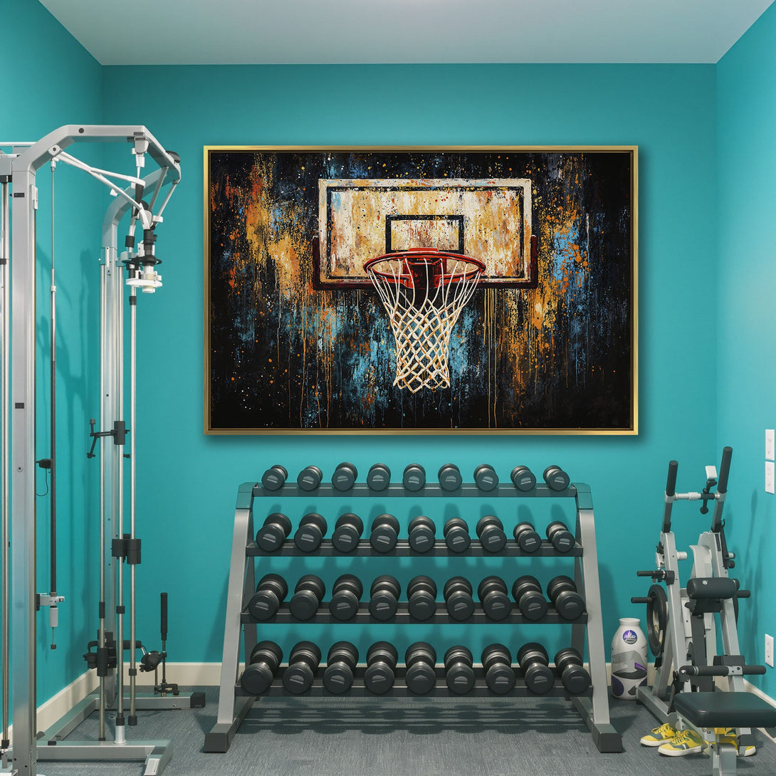 Abstract basketball Canvas Print in a gym, featuring a vibrant orange, blue, and black color palette. Add artistic flair to your space!