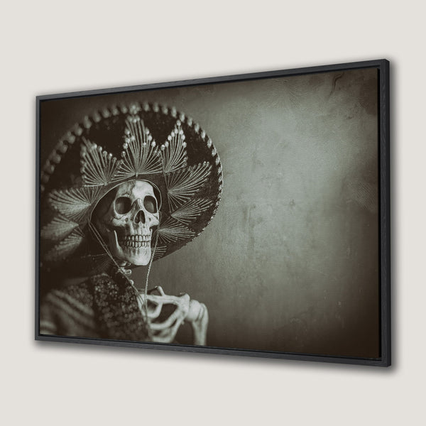 Framed Wall Art: Sepia-toned skeleton wearing a sombrero. Vintage style Canvas Print with a unique, artistic aesthetic. Perfect for Halloween decor!