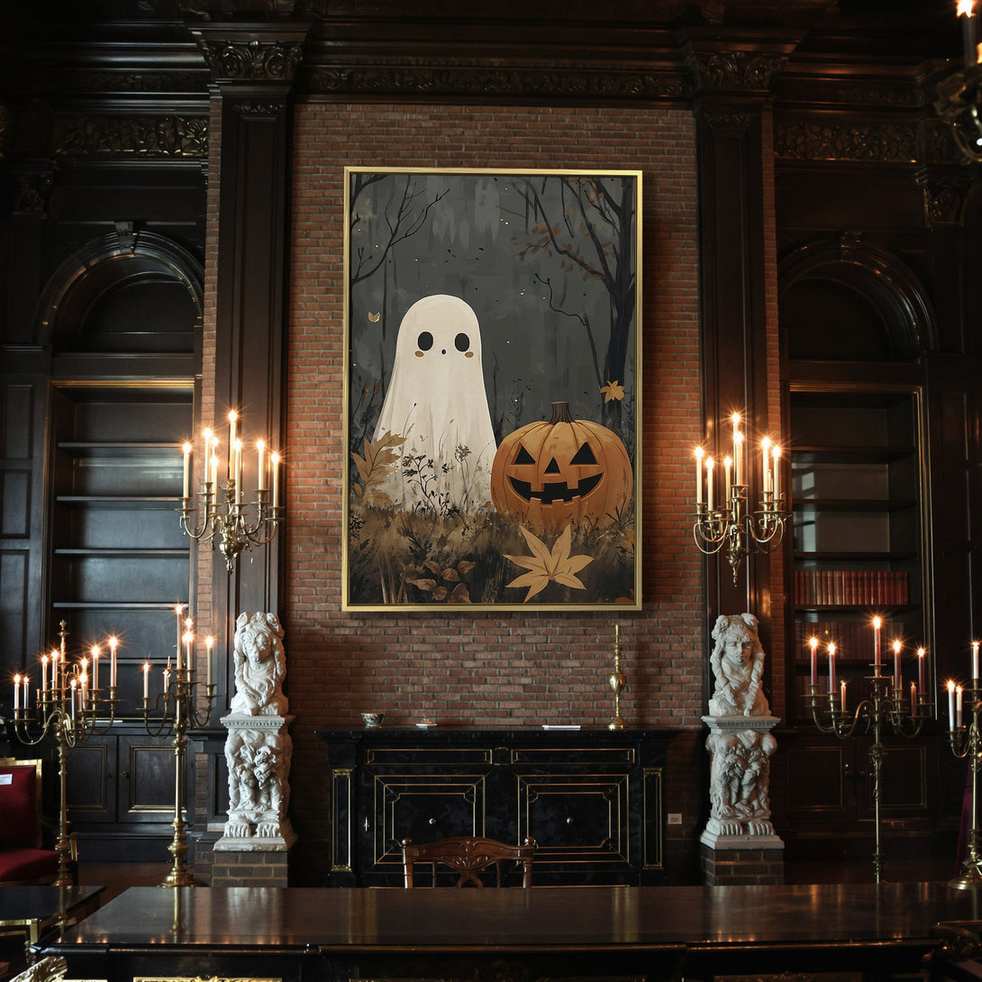 Canvas Print featuring a cute ghost and pumpkin in a spooky forest scene. Warm, earthy tones perfect for Halloween decor.