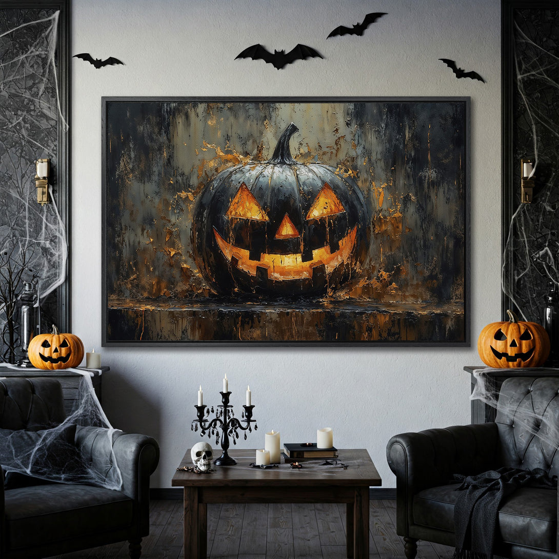 Framed Wall Art: Spooky Halloween pumpkin painting in dark, moody tones. Perfect for adding a touch of gothic decor to your home. Black, gold, and orange color palette.