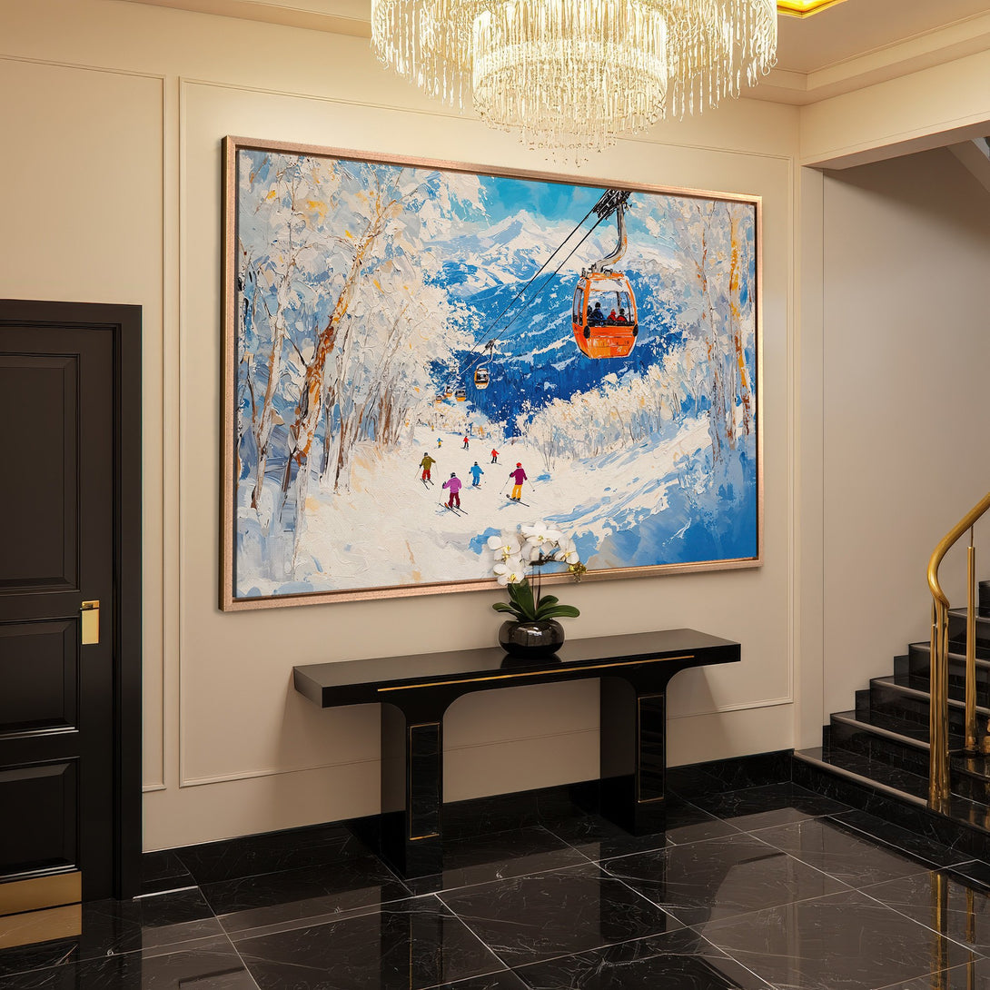 Framed Wall Art: Winter ski scene canvas print with blue, white, and orange hues. Perfect for adding a touch of elegance to your home decor.