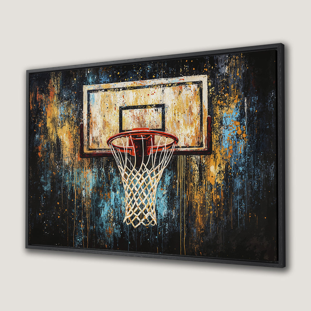 Framed Wall Art featuring a vibrant basketball hoop art print. Abstract style with a bold, colorful palette of orange, blue, and black. Perfect for sports fans!