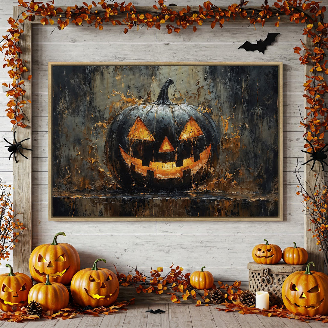 Framed Wall Art: Spooky Halloween pumpkin painting in dark, moody tones. Perfect fall decor with orange and black accents.